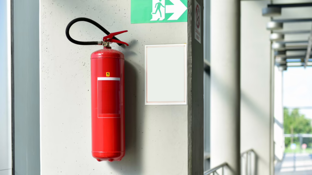 Extincteur et sortie de secours dans une salle de sport