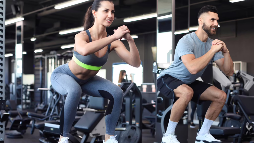Homme et femmes en squat à la salle de sport après paiement de leur facture
